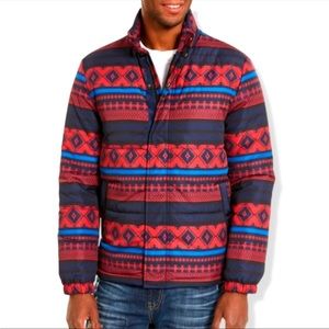 🆕 American Rag Blue & Red Geometric Print Zip Up Puffer Coat Jacket, Size L